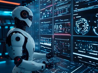 Fototapeta na wymiar biznes, sztuczna inteligencja, AI, asystent, biuro, nowoczesne, technologia, innowacje, zespół, współpraca, komputery, ekrany, tablet, inteligentne, praca, minimalizm, przyszłość, dynamiczne, cyfrowe,