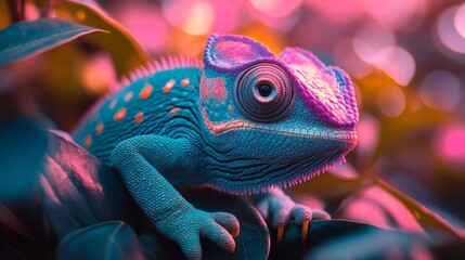 Fototapeta premium An image of a colorful chameleon in the foreground with a vegetation background, AI Generative