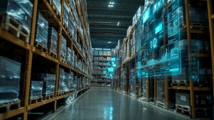 Fototapeta premium An image of a warehouse with AI-generated demand predictions being visualized on a digital dashboard, AI Generative