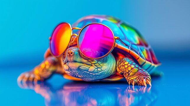 Turtle wearing sunglasses. The turtle is sitting on a blue surface. The turtle's eyes are closed. multi-colored turtle wearing round glasses, walking on the open blue ground with a blue background