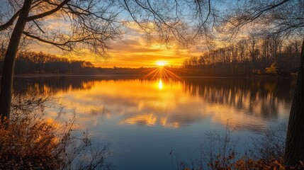 lake at sunset, with its calm waters perfectly mirroring the warm, radiant sky