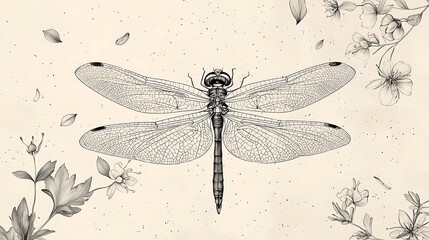 A dragonfly hovers among flowers, rendered in vintage line art style with delicate details.