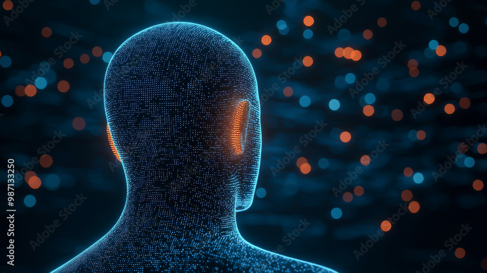 Poster a futuristic figure with glowing details, set against a digital background filled with vibrant light