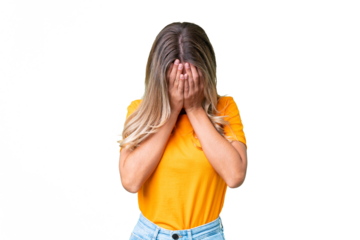 Young Uruguayan woman over isolated background with tired and sick expression