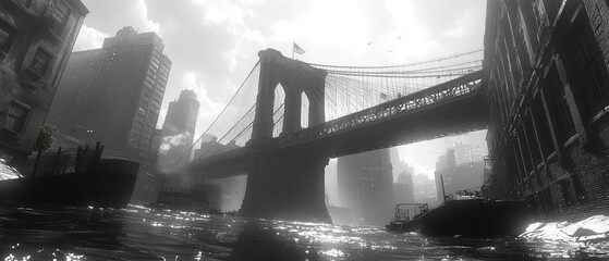 A dramatic black and white view of the Brooklyn Bridge, reflecting mystique with urban architecture.