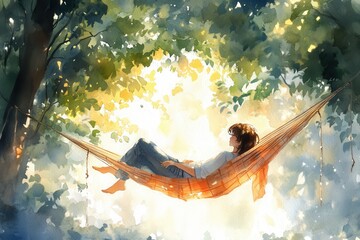 Serene Hammock Relaxation in Watercolor Style - Person Lounging Stress-Free Under Sunlight and Trees