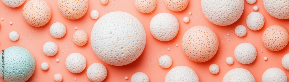 Poster colorful spheres in varying sizes against a peach background create a playful and modern visual comp