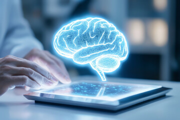 A glowing digital brain concept displayed on a tablet, symbolizing technology and innovation in neuroscience and artificial intelligence.