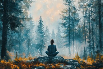 Obraz premium Serene Forest Bathing in Watercolor - Person Finding Tranquility Surrounded by Nature, Stress-Free Moment in Artistic Style