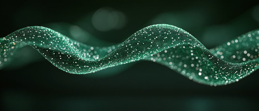 A mesmerizing wave of vibrant green particles dances against a dark backdrop, creating a sense of depth and tranquility.