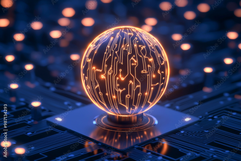 Poster a glowing digital sphere with circuits, representing technology and innovation in a futuristic envir