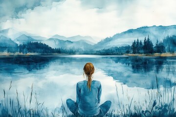 Fototapeta premium Serene Woman Contemplating by Tranquil Lake in Watercolor Style, Peaceful Reflections on Water Surface