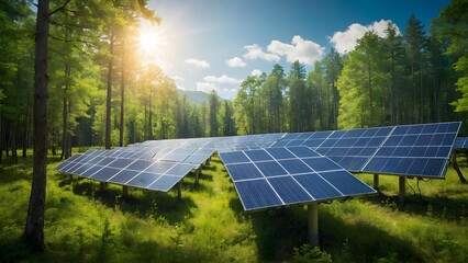 Solar Panels Installed in a Lush Green Forest Under Sunlight During Early Morning Hours