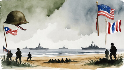 This powerful D-Day watercolor background features military helmets, flags, and soldier silhouettes on the beach, with soft, muted brush strokes.
