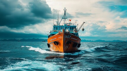 Fototapeta premium Barco coreano de importacion navegando felizmente por el mar, AI Generative