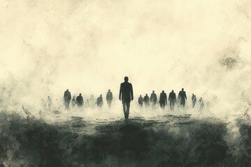Solitude in the Crowd - Person Walking Alone Surrounded by Groups in Watercolor Style, Contemplative Distant Gaze
