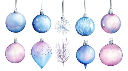 Boho Christmas ornament set clipart, with mandala designs, watercolor illustration, pastel colors, isolated on white background