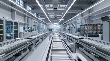 Obraz premium Modern Automated Factory Warehouse with Conveyor Belts and Shelving for Efficient Logistics and Distribution