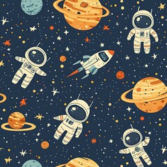 A cute seamless pattern of astronauts, planets, and a spaceship floats through space.