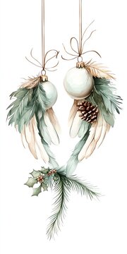 recommend clip art: Boho Christmas angel ornament clipart, with feathered wings, watercolor illustration, muted colors, isolated on white background