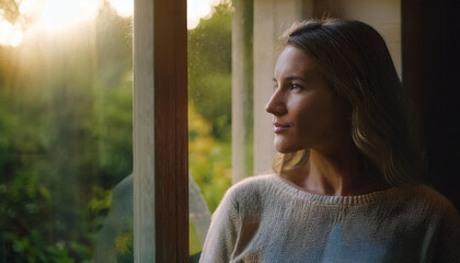 Young woman looking thoughtfully through the window into the garden. 