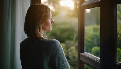 Young woman looking thoughtfully through the window into the garden. 