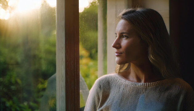 Young woman looking thoughtfully through the window into the garden. 