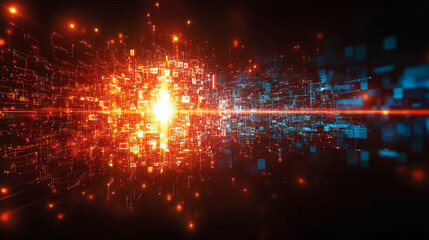 Obraz premium A vibrant digital landscape with glowing particles and beams of light, representing technological advancement and innovation.