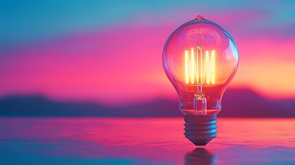 A glowing light bulb sits against a backdrop of pink and blue, capturing the warmth of sunset.