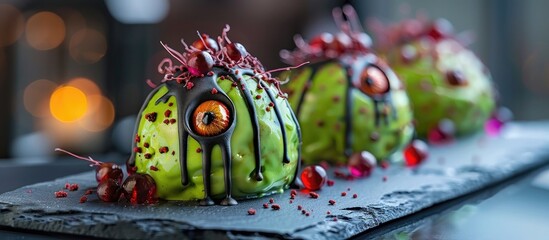 A visually captivating and imaginative dessert featuring a dripping cake with vibrant icing textures and a surreal abstract design  This unique and unconventional confection creates a mesmerizing