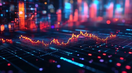 Fototapeta premium Abstract digital data visualization with glowing red, blue, and orange lines and dots forming a grid pattern in a dark background.