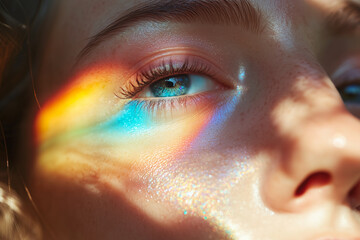 Beautiful beauty woman close up detail face skin care texture with rainbow shadows, using hydration cosmetic product.