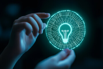 A hand holding a glowing light bulb symbol, representing innovation, creativity, and technological advancement in a digital age.