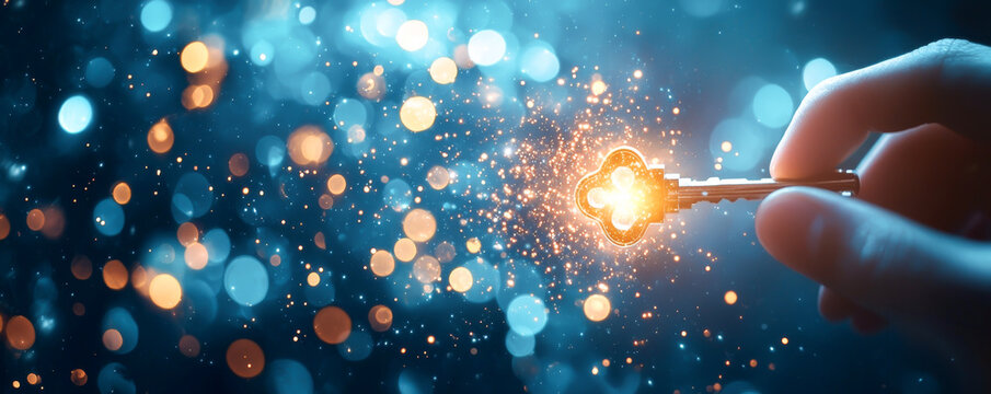 A hand holding a sparkling key, surrounded by shimmering particles in a vibrant blue background, symbolizing magic and opportunity.