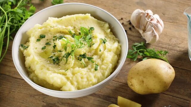 Mashed Potatoes with Milk and Parsley on Wooden Background &ndash; Comfort Food Preparation