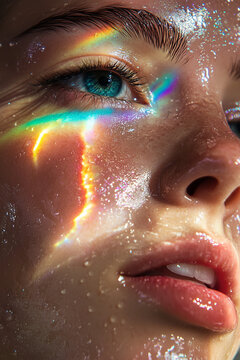 Beautiful beauty woman close up detail face skin care texture with rainbow shadows, using hydration cosmetic product.