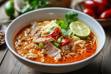 Ramen Noodles Spicy Tomyum Soup with Roast Pork - Fusion food style , ai