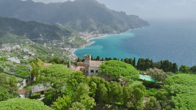 Ravello from a drone, Amalfi Coast, Tyrrhenian Sea, Salerno, Campania, Italy