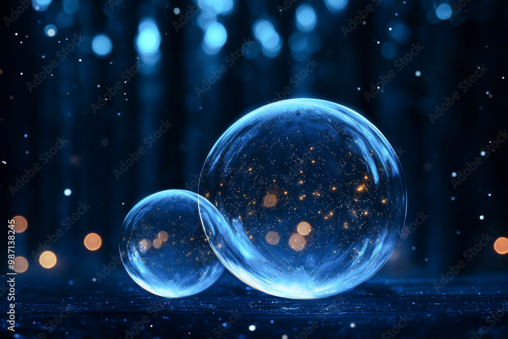 Poster a mesmerizing close-up of translucent bubbles reflecting light, set against a dreamy blue background