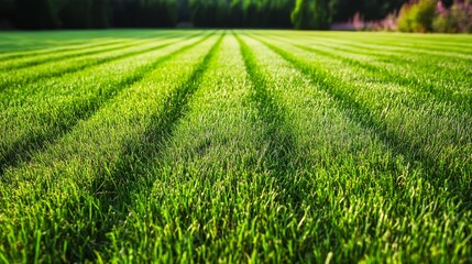 A beautifully manicured green lawn with fresh, lush grass evenly cut and lined, captured in vibrant daylight.