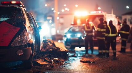 Emergency responders attending vehicle accident scene at night with ambulance, fire truck, and wrecked car, emergency response concept