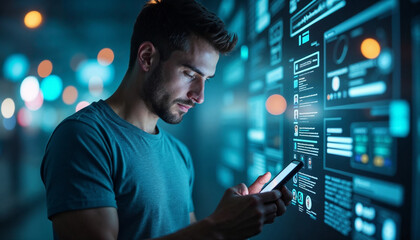 Portrait of Caucasian Man Using Smartphone in Metaverse With Animated Stream Of Interfaces With Social Media, e-Commerce Shopping, Internet Influencers And Games. Visualization Of Web Network.