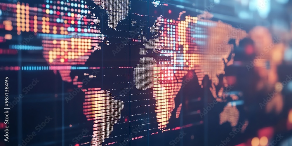 Poster abstract digital world map with glowing dots and lines.