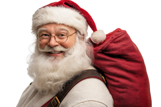 A cheerful, smiling Santa Claus dressed in his classic red suit and white fluffy hat, carrying a large red sack over his shoulder. 