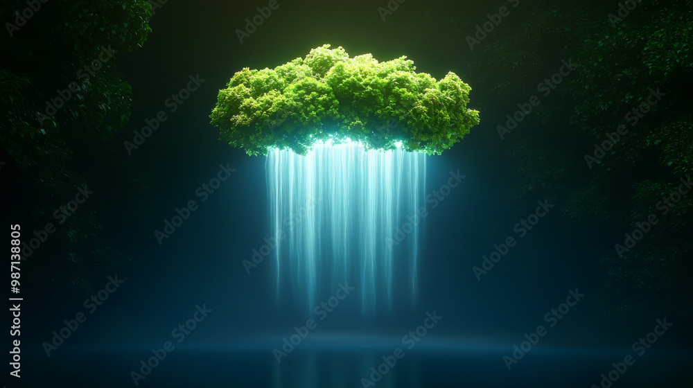 Poster a mesmerizing scene of a floating green tree above cascading waterfalls in a mystical environment, c
