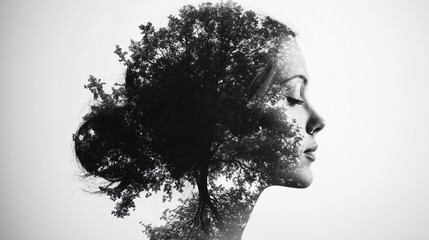 Meaningful Black-and-White Double Exposure of a Womana??s Profile and Family Tree, Symbolizing Ancestry and Profound Connection