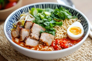 Ramen Noodles Spicy Tomyum Soup with Roast Pork - Fusion food style , ai