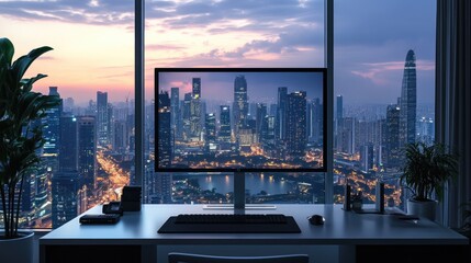 Design on computer screen, cityscape view from modern office space decorated with plants, mixing nature with city life at the end of the day