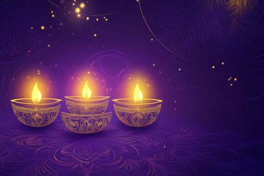 abstract background Diwali festival of India. line art of oil lamps. purple shade, orang, yellow tone