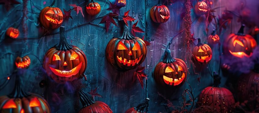A mysterious and spine tingling scene of eerie glowing jack o lanterns hanging in the mystical moonlit autumn night